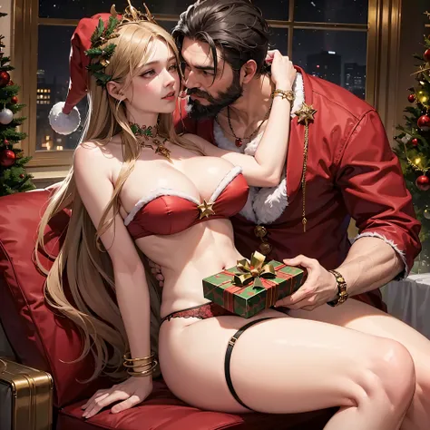 Generate an image of a lady wear red luxury santa head onament, ((braless)), luxury thong, luxury garter belt, luxury high heels, luxury boobs ornaments, luxury ring, luxury bracelet, luxury necklace, her hands holding a present, kissing old male santa cla...