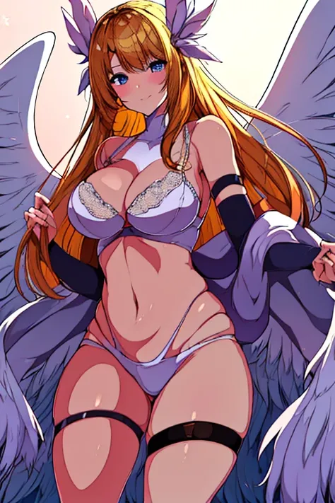 blonde hair, white bra, white lingerie, white underwear, long hair, angel wings,large breasts, bare shoulders, elbow gloves, feathered wings, gloves, head wings, navel, pink ribbon, ribbon, single elbow glove, single glove, thigh strap, wings