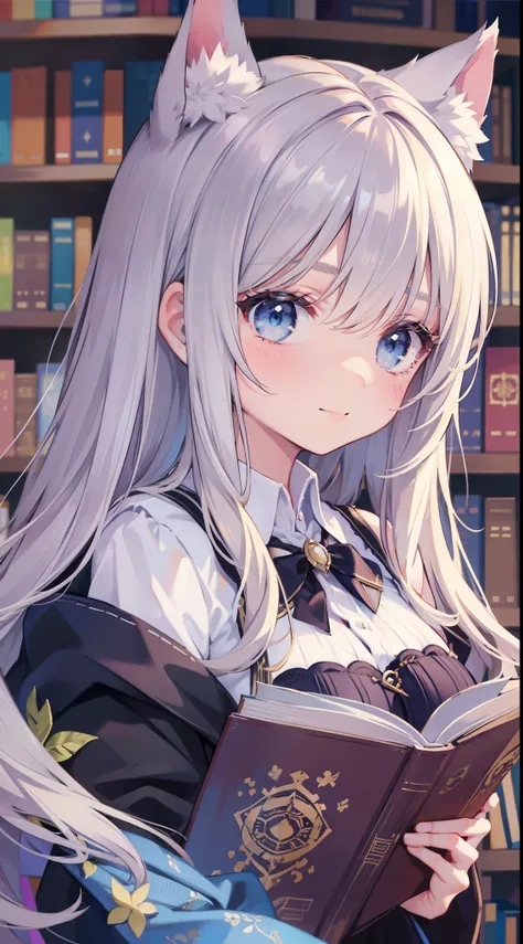 (Medium portrait:0.7), (best illuminate:1.1), (coiffed blonde hair:1.1), 1个Giant Breast Girl, Wolf ears, serious smile, Complex:0.6, medium, (ayaka:1.2), in the middle of the library, looking at book, Chopping:0.8, (canineteeth:0.4)