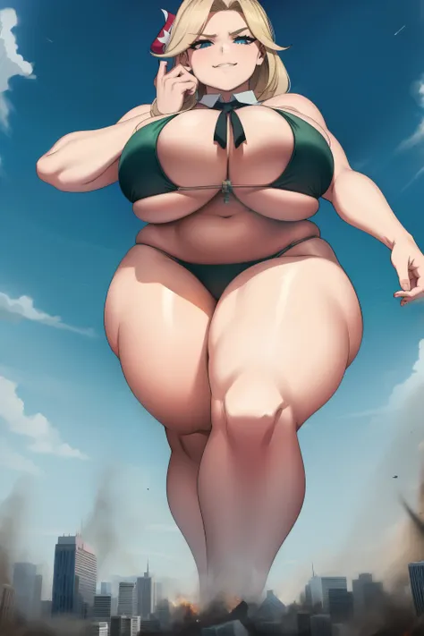 GTS, giantess, bikini, curvy, busty, smirk, evil, thick thighs, walking, stepping, rampage