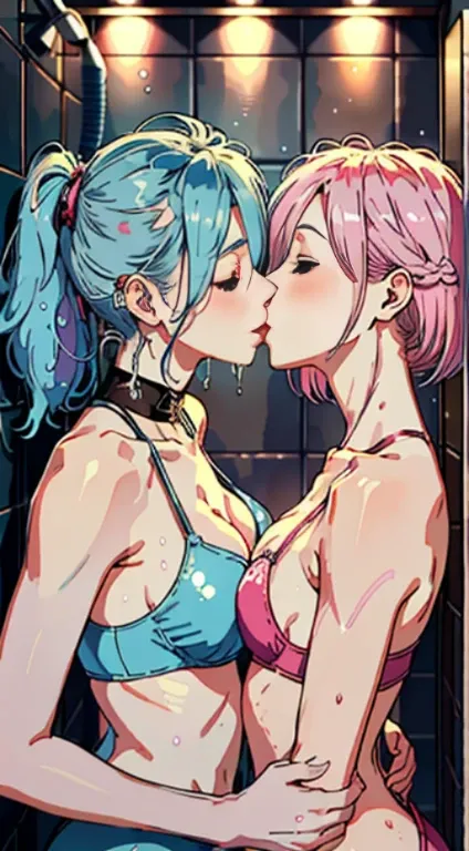 ​masterpiece, top-quality, Hi-Res,((( 2girls))), ((Yuri)), ((the kiss:1.4)), (French Kissing), red blush:0.2, closed her eyes:0.5, (tongue), (Saliva), ((Touch)), hand on the breastustup、bulging bust top、(pink brassiere)、Light Blue Bra、(Brown skin)、Whitenin...