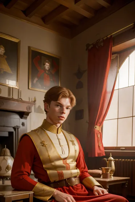 1136, Earlcastle, England. otherworldly scene in a luxurious medieval house, ((((19-year-old)) Hunter Parrish)), humiliated, red with ((anger, frowning)), ((((tunic from the 12th century)))), ((Hairstyle of the 12th century)), ((Wes Anderson cinematic styl...