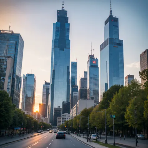 Poland Warszawa skyscraper and parks life in the near future, high technology, street view, next to a park, people and cars on the road, sunset, pro, 35 mm, realism, ultra HD result, 4k, very detailed