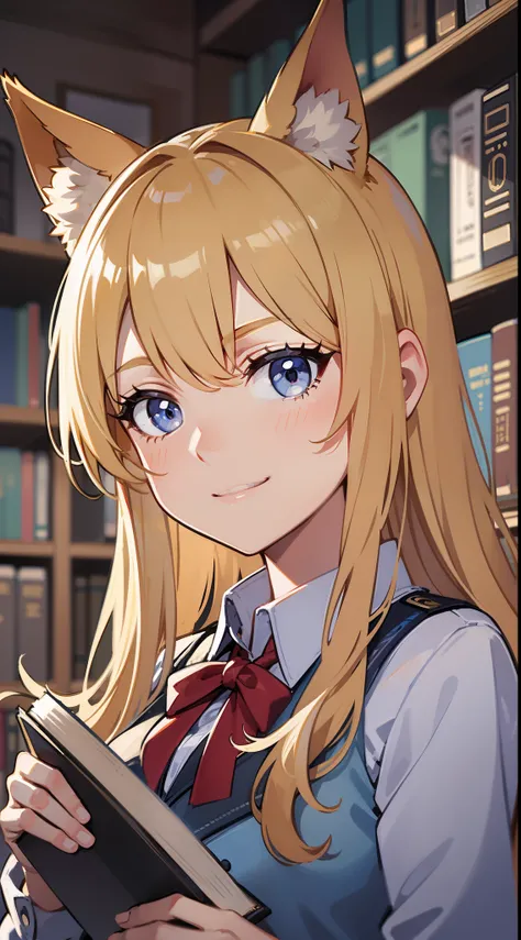 (Medium portrait:0.7), (best illuminate:1.1), (coiffed blonde hair:1.1), 1个Giant Breast Girl, Wolf ears, serious smile, Complex:0.6, medium, (ayaka:1.2), in the middle of the library, looking at book, Chopping:0.8, (canineteeth:0.4)