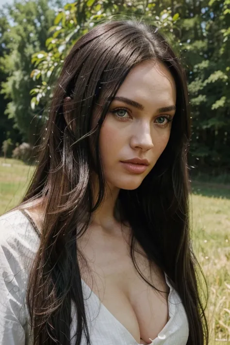 a woman with long black hair and green eyes in nature field western style with cows, with green eyes, with stunning green eyes, keine Falten, Modelgesicht wie Megan Fox, big lips, Ultrarealistische digitale Malerei, Hyperrealistische digitale Malerei, Ultr...