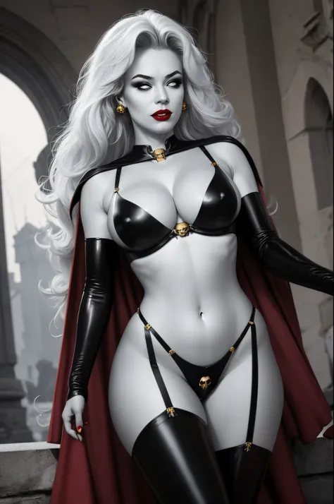 foreshortening,  CARTOON_lady_death_bikini_ownwaifu,.ownwaifu.com, angry, 
mascara, blank_eyes,long hair,breasts,white hair,makeup,colored skin,navel,lipstick,large breasts,wavy hair,white skin,lips,curly hair,red lips,very long hair,toned, narrow_waist, c...
