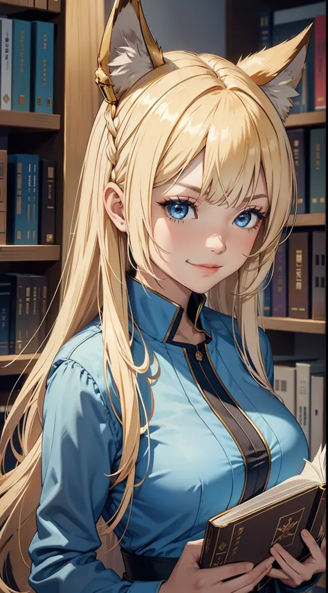 (Medium portrait:0.7), (best illuminate:1.1), (coiffed blonde hair:1.1), 1个Giant Breast Girl, Wolf ears, serious smile, Complex:0.6, medium, (ayaka:1.2), in the middle of the library, looking at book, Chopping:0.8, (canineteeth:0.4)