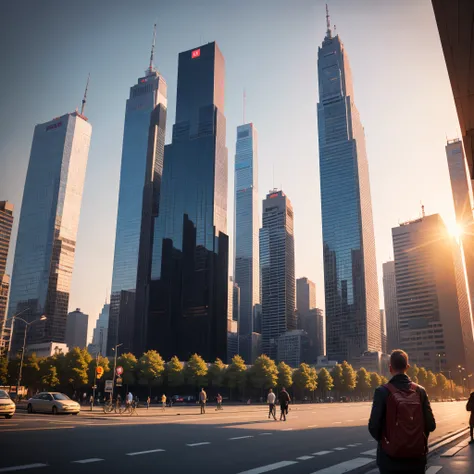 Poland Warszawa skyscraper and parks life in the near future, high technology, street view, next to a park, people and cars on the road, sunset, pro, 35 mm, realism, ultra HD result, 4k, very detailed