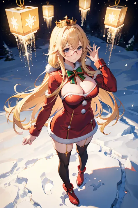 "anime girl, 1 person, bright blonde hair, glasses, crown on head, santa shirt, santa suit, winter suit, winter dress, red dress, big breasts, stockings, standing  cross legs, character perspective, snowfall, christmas gift box, christmas, solo, (full HD 4...