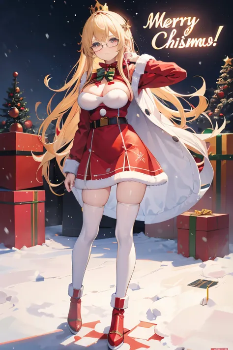 "anime girl, 1 person, bright blonde hair, glasses, crown on head, santa shirt, santa suit, winter suit, winter dress, red dress, big breasts, stockings, standing  cross legs, character perspective, snowfall, christmas gift box, christmas, solo, (full HD 4...