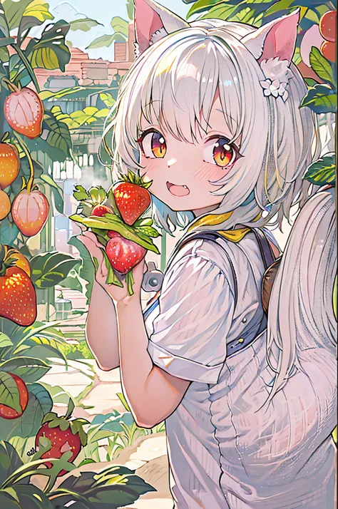 1girl in, Evenya, Looking at Viewer, White hair, Someone, Cat ears, Cat tail, White shirt, Open your clothes, eat strawberries、Strawberry picking、Strawberry plantation