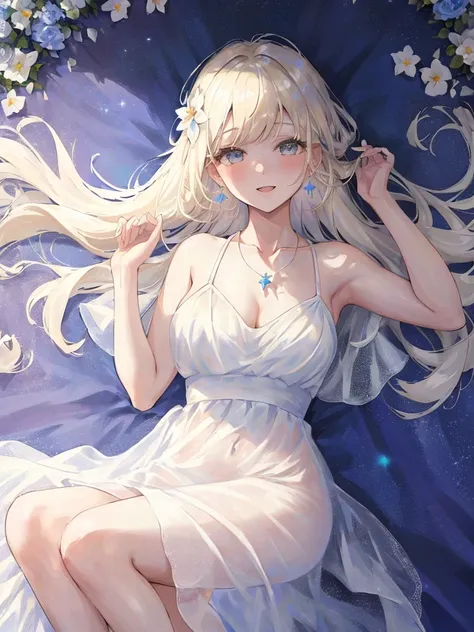 happy,(((masterpiece))),best quality,white Sheer sundress,in the flower garden,((night sky)),lie down,from above,(beautiful detailed girl),earrings,long hair,swept bangs,blond hair, (1 girl),hand in own hair,wind,platinum necklace