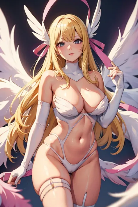 blonde hair, white bra, white lingerie, white underwear, long hair, angel wings,large breasts, bare shoulders, elbow gloves, feathered wings, gloves, head wings, navel, pink ribbon, ribbon, single elbow glove, single glove, thigh strap, wings