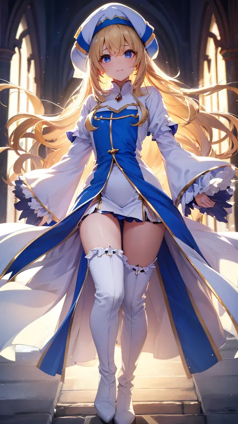 top-quality、Top image quality、in 8K,4K,​masterpiece、ultra-detailliert、Beautiful、ultra-quality、Cool,Game CG,a beauty girl,five fingers,Cowboy Shot,priestess, Blonde hair, Blue eyes, Long hair, hair between eye,magic wand to grab,smil,long boots, Dress, fril...