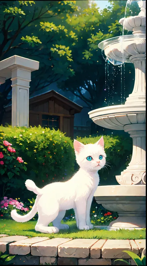 Cute white kitten with round eyes, Garden fountain, glimmer, Distant home, Mirror effect