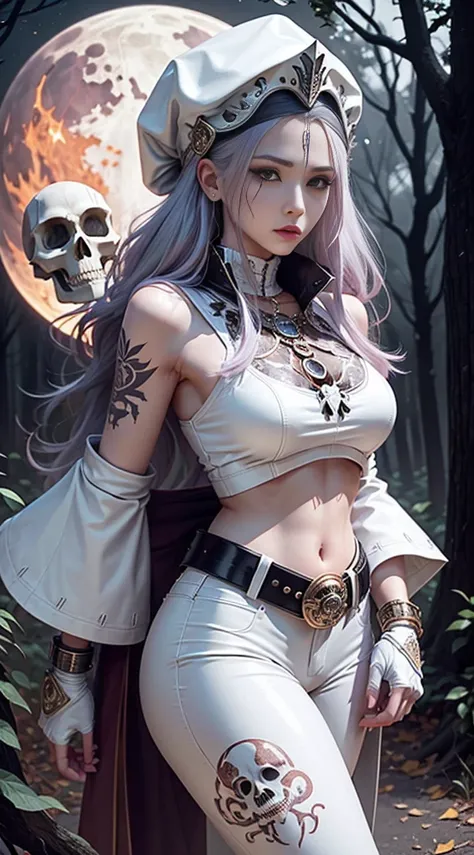 full body Esbian, of the highest quality, intricately detailed skin, Shiny skin, Shiny hair, pale complexion，Big breasts), 　Red sky,　Red Moon， in woods, ((Skull Mark)), ambitious, Seductive Woman, Gray hair, Long hair, Hair fluttering in the wind, Skull ma...