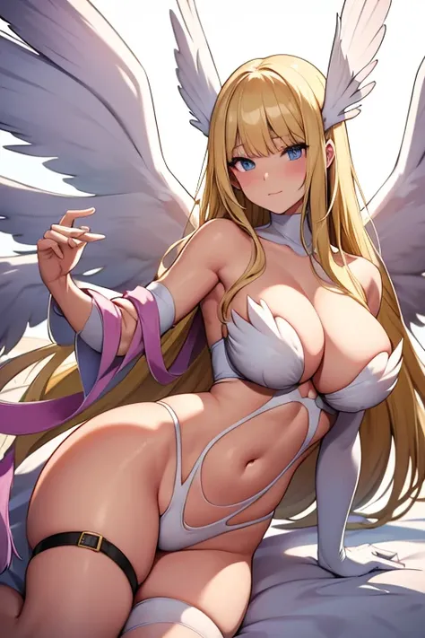 blonde hair, white bra, white lingerie, white underwear, long hair, angel wings,large breasts, bare shoulders, elbow gloves, feathered wings, gloves, head wings, navel, pink ribbon, ribbon, single elbow glove, single glove, thigh strap, wings