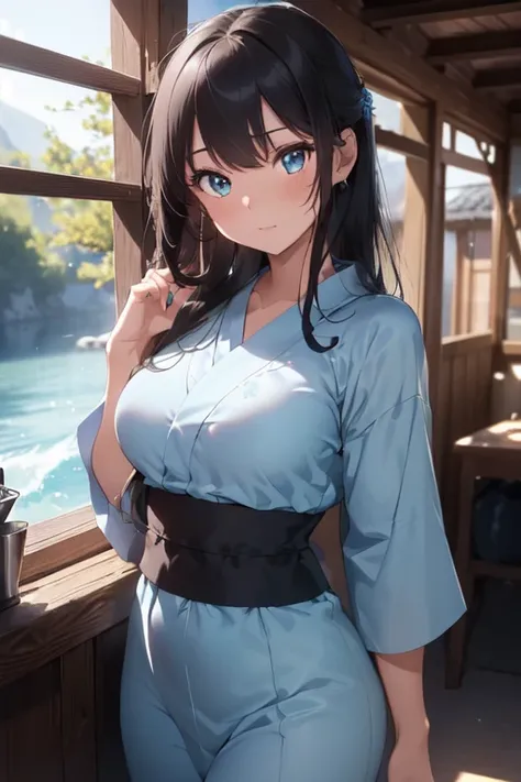 (ultra-detailed:1.3, master piece:1.3, best quality:1.3, high resolution:1.3) a girl, beautiful face, 18year old, beautiful breasts, thin waist, long black hair, jade eyes, eyes in highlight, catch light eyes, specular highlight eyes, Yukata with blue and ...