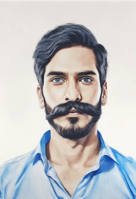 (best quality), (2D drawing), (white background), (1man), (blue shirt), (Indian), (age 25), standing, looking at viewer, (interview), (simple background),beautiful detailed eyes, (trimmed beard and mustache), Floating,(high saturation),colorful bubble,(shi...