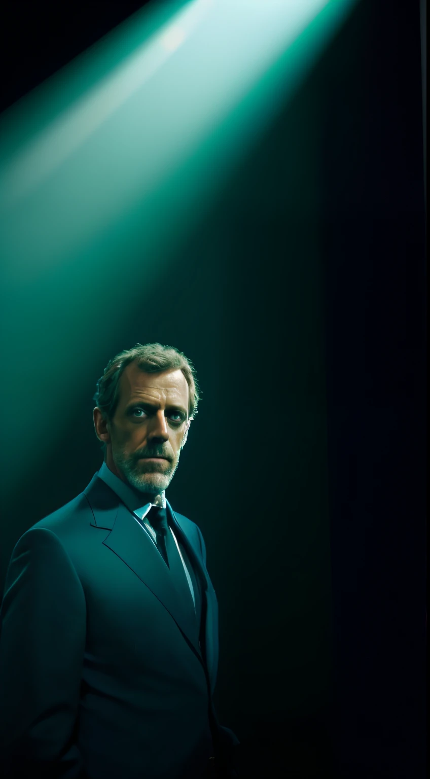 portrait of a award winning photo of hugh laurie posing in a dark studio, (rim lighting,:1.4) two tone lighting, sharp focus, teal hue, octane, unreal, dimly lit, low key,