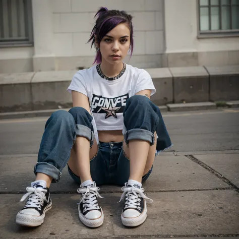 Punk girl wearing converse sneakers with untied shoelaces