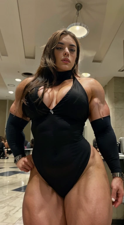 A large thick woman .   Generate a full length fashion portrait of an overweight fat nig boned heavily muscled female,  billie eilish., margot robbie, kayla Harrison, huge muscular pecs, her makeup, hair, she  dressed in very tight  lycra dress ,, elegance...