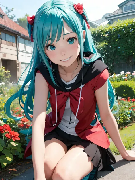 miku hatsune,10yaers old,red riding hood,Play Party,A sly smile,Flower Garden,hachikuji mayoi