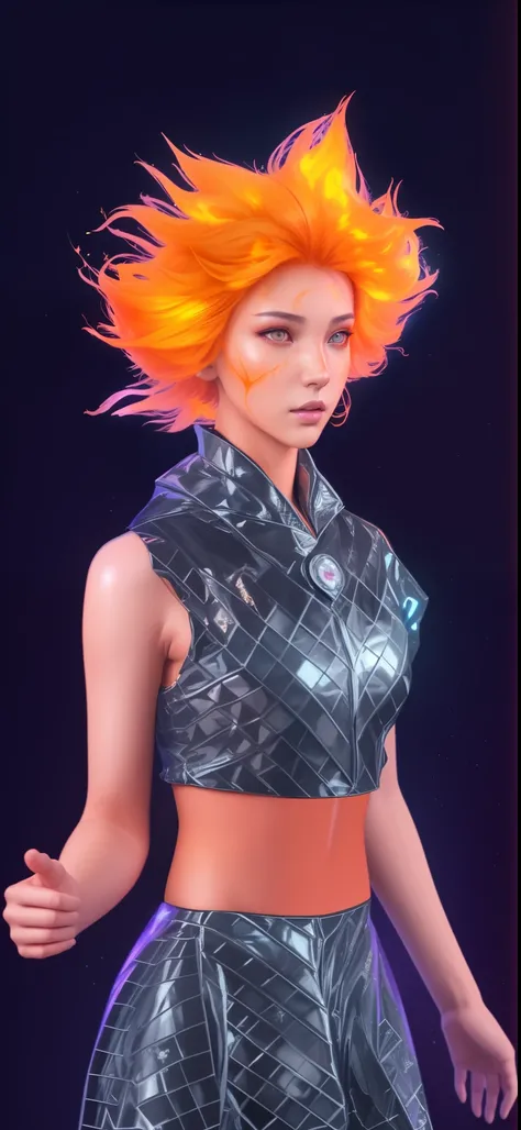 there is a beautiful girl with (elemental fire flame hair:1.2), black squared pattern top, reflective glossy clothes, inspired by Russell Dongjun Lu, flume, 3 d render, highly detailed vfx portrait, made entirely from gradients, highly detailed vfx portrai...