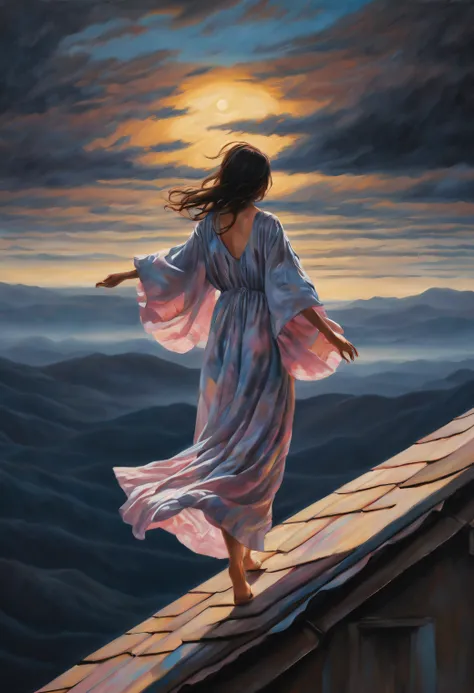 独奏, sleepwalking girl in a nightgown with outstretched arms walks along the ridge of the roof , covered eyes, ((Isao-Andrews style)), ((oil painting palette / canvas)), surrealism, very dark colorful, highest detail, ((Masterpiece)), Complex key, ((Single ...