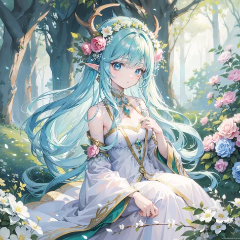 high quality, masterpiece, Delicate facial features, Delicate hair, Delicate eyes, Delicate hair, anime girl, deer antlers color hair, florals, Dreamy style, Fantastic flower garden, fantasy style clothing, Romantic dress,  beautiful and elegant elf queen,...