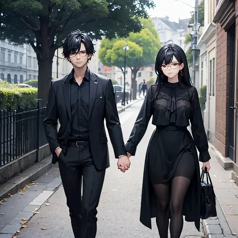 a man in black casual clothes holding the hand of a woman with red eyes, roupas casuais brancas em um parque