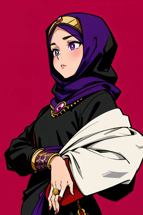 Cute girl, hijab girl,, Hijab, A long, decorated dress dominated by red and black, She wears a purple ring, A ring with a purple gem