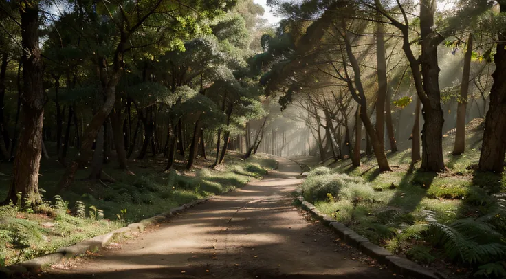 8k panoramic of a path in the forest, con neblina por el frio, muchos arboles, algunos rayos de luz del sol entrando entre las ramas de los arboles