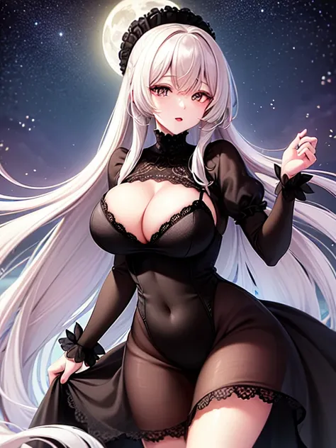 masuter piece　top-quality　Top image quality　((30 years old beautiful mature woman)) ((lace black summer dress))　(cleavage of the breast) (Belly showing) Thigh up　Standing figure　((Park at night　moonlights))