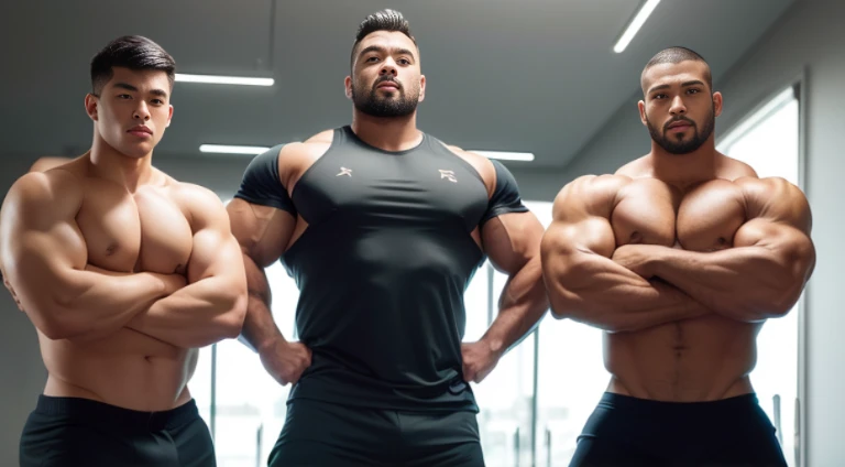 (Very detailed 8k wallpaper), two asian men, muscle worship, arms folded, At the gym, high detailing, buzzcut, very large and strong body, bulging muscles, well-muscled, very large pectoral muscles. Very sexy abs, legs are muscular, Toned figure, lightens ...