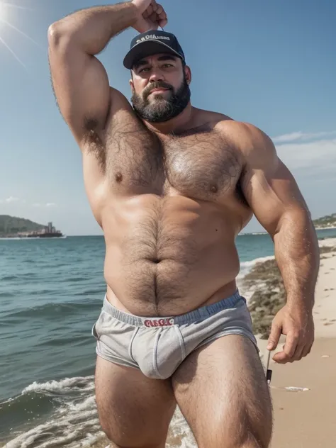 A ultra realistic photo of an insanely handsome hunky 40 years old, extremely sexy and attractive hunk fisherman by the ocean, full body, very hairy body, big beefy man, ripped checkered, exposed hairy body, big bulge, tanned, raunchy, toned body, beach, r...