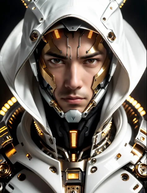 arafed man in a white and gold armor with a hood on, detailed portrait of a cyborg, close-up portrait of cyborg, portrait of a futuristic robot, male cyborg military commander, attractive sci - fi face, portrait of cyborg, portrait of a cyborg, cyborg port...