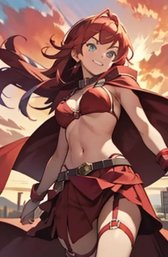 girl in ((red bikini)), red cloak, red boots, red hood, long hair, red skirt, desert, sunset, red hair, loving smile, green eyes, red skies, ((lots of straps)), ((garter)), bellybutton ruby