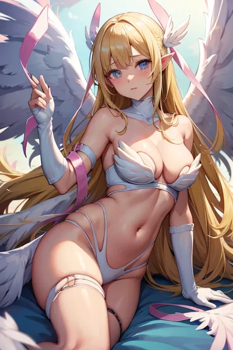 blonde hair, white bra, white lingerie, white underwear, long hair, angel wings,large breasts, bare shoulders, elbow gloves, feathered wings, gloves, head wings, navel, pink ribbon, ribbon, single elbow glove, single glove, thigh strap, wings