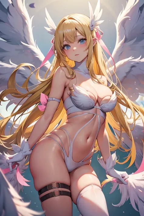 blonde hair, white bra, white lingerie, white underwear, long hair, angel wings,large breasts, bare shoulders, elbow gloves, feathered wings, gloves, head wings, navel, pink ribbon, ribbon, single elbow glove, single glove, thigh strap, wings