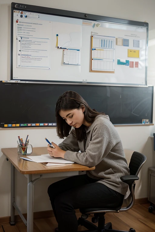 Imagine a person sitting at a desk, deeply engaged in their work. They are surrounded by various materials such as textbooks, papers, a laptop, or sketches related to their personal project. This person is actively brainstorming, possibly jotting down note...