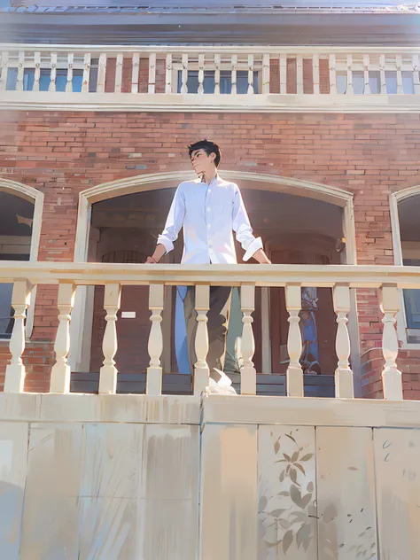 there is a man standing on a balcony with a skateboard, arhitectural shot, full pose, doing an elegant pose, upscale photo, in front of the house, photo shoot, balcony scene, in balcony of palace, casual pose, very artistic pose, distant full body shot, sh...