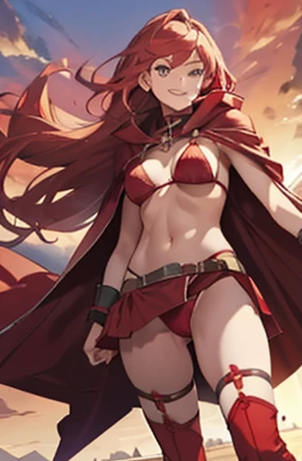 girl in ((red bikini)), red cloak, red boots, red hood, long hair, red skirt, desert, sunset, red hair, loving smile, green eyes, red skies, ((lots of straps)), ((garter)), ((seductive pose)), shows underwear, sexually aggressive