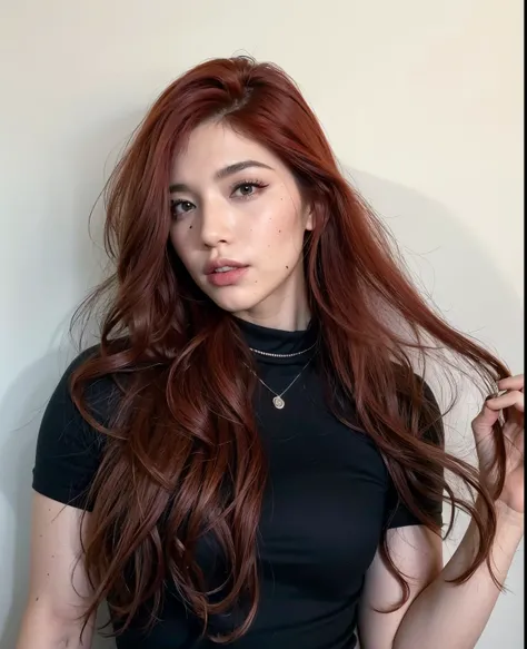 there is a woman with long red hair holding a comb, red hair and attractive features, long flowing red hair, longos cabelos ruivos brilhantes, longos cabelos vermelhos ondulados, longos cabelos ondulados auburn, cabelos longos e ondulados vermelhos, cabelo...