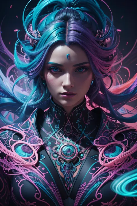 a digital painting of a woman with colorful hair, 3d intricate shapes, ash thorp, flowing neon-colored silk, print advertising, goddess. extremely high detail, colorful vivid octane render, arcane from netflix, full color catalog print, 3 d close - up, sur...