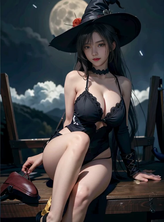 masutepiece, 1girl in, Sexy, Long hair, Huge breasts, Witch Hat, highleg leotard, Bare legs, Bare shoulders, cleavage, broom, Moon, dark sky