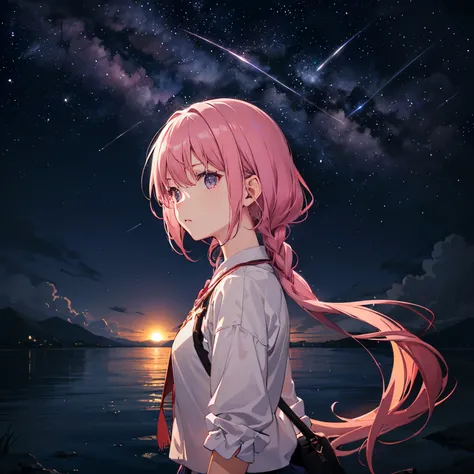 Shooting a painting of shooting stars over the lake, there are two shooting stars, pink and blue shooting stars. The blue sky, the pink-purple lake surface, has a layered color transition. You name it movie style, anime backgrounds, anime movie backgrounds...