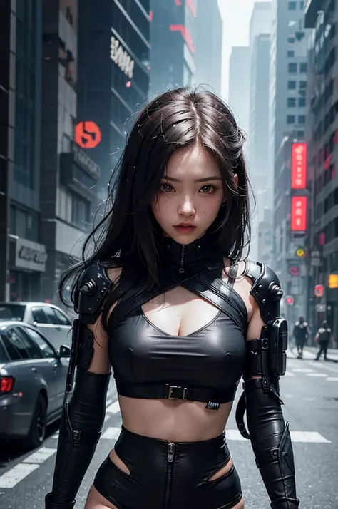 Beautiful girl in cyberpunk scene，long whitr hair，machine arm