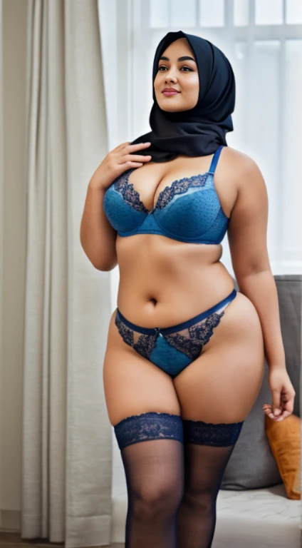 ((best quality)), (masterpiece), (perfect face), (perfect body shape), (detailed image), Chubby woman in hijab, Wearing , ultra-sensuelle underwear, curvy plump body, perfect body, room as background , sexy style