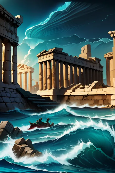 Escape from Atlantis, Cidade desaba em terremoto, Ondas, Ancient Greece, homens e mulheres fugindo